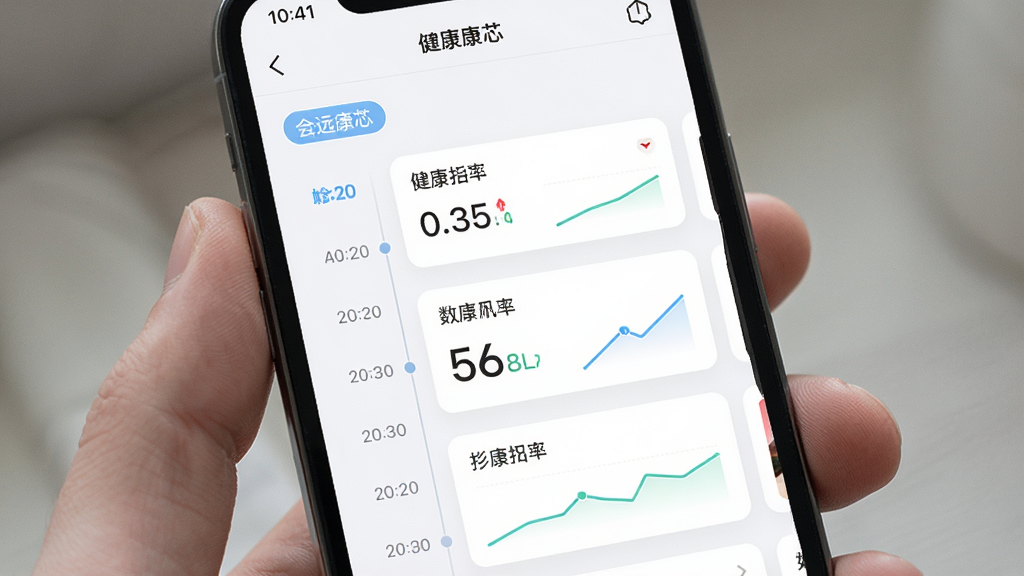 数远康芯应用内的健康数据记录页面,主体为手机屏幕中的时间轴数据列表,布局为上下结构,排版整齐清晰,风格为简约浅色,细节包含日期标签、数值卡片、趋势小图表,画质高清、干净、无多余元素