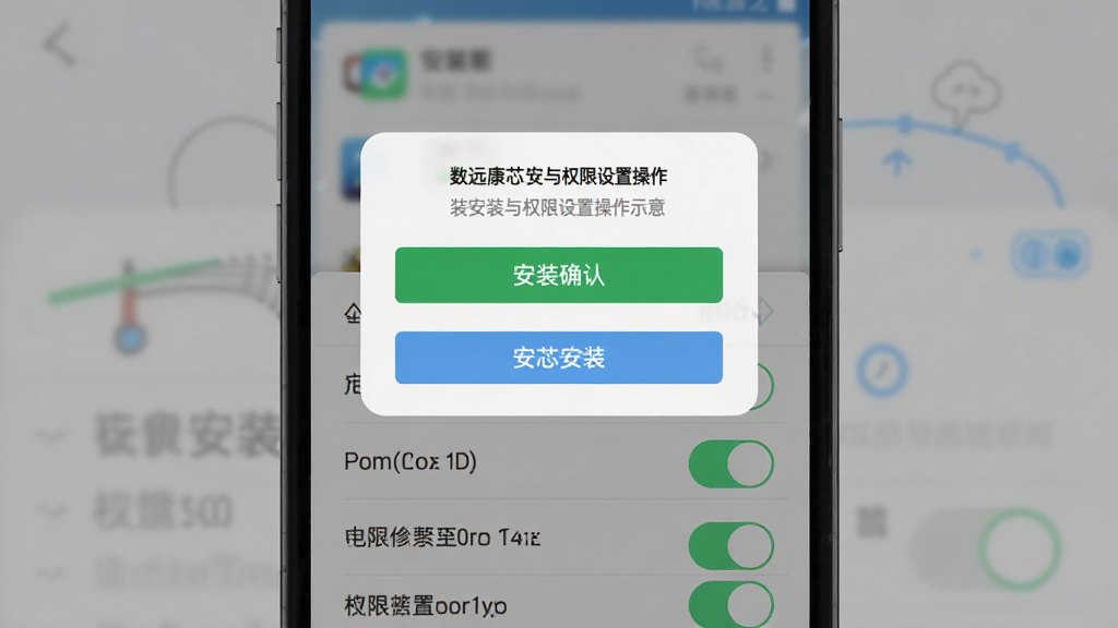 数远康芯安装与权限设置操作示意,主体为手机屏幕中的安装确认弹窗与权限开关列表,布局为弹窗居中、权限列表在下,排版清晰,风格为扁平化浅色,细节包含安装按钮、权限开关、提示文字,画质高清、干净、无多余元素