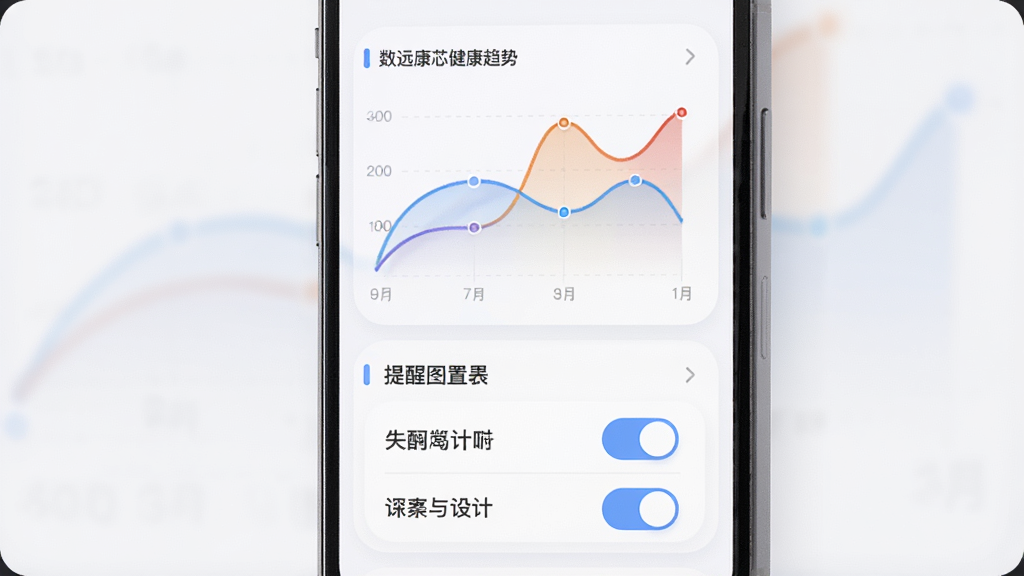 数远康芯健康趋势图表与提醒设置界面,主体为手机屏幕中的折线图与提醒开关面板,布局为图表在上、设置在下,排版层次分明,风格为柔和圆角卡片式,细节包含曲线走势、颜色区间、开关按钮,画质高清、干净、无多余元素