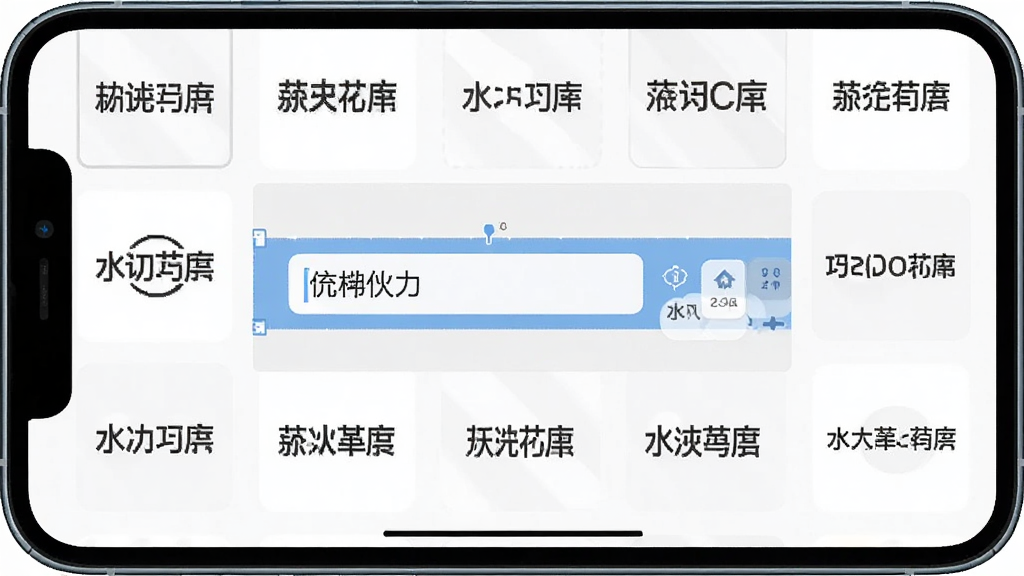 手机屏幕展示水印编辑界面,界面上有多个水印模板缩略图排列成网格,中央是一个正在编辑的水印条,上面有自定义文字输入框和小图标选项,布局清晰有序,风格简洁扁平,细节上按钮与文字清晰,画质干净,无多余装饰