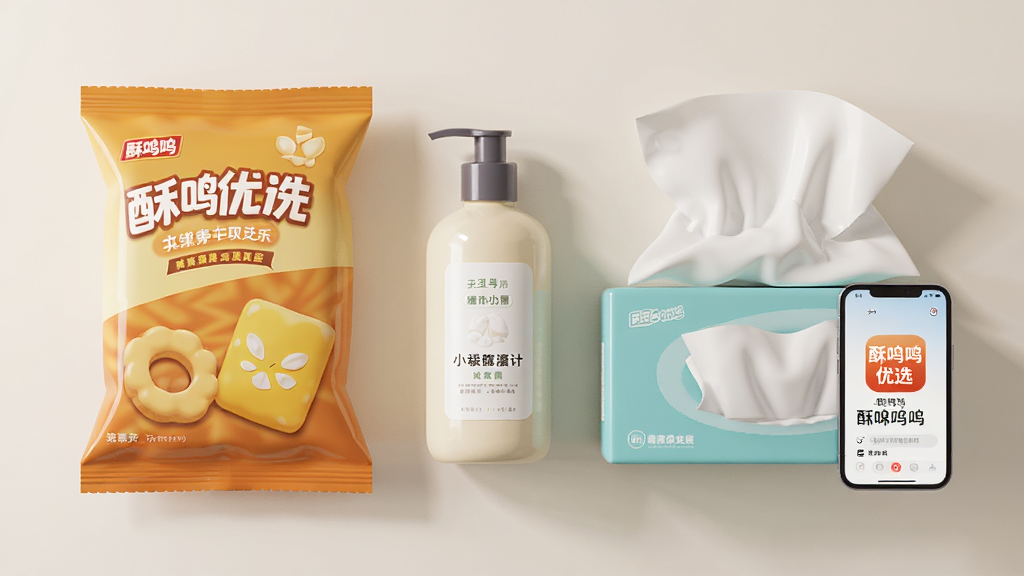 一张俯视视角的桌面场景,上面整齐摆放着几类商品:一包零食、一瓶洗护用品、一盒纸巾,旁边有一部手机显示着酥鸣鸣优选的应用图标,光线柔和,构图干净,风格写实,画质清晰