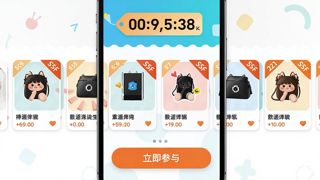 手机界面展示活动专区页面,顶部有倒计时标签,中间是横向滚动的商品卡片,每张卡片带有折扣角标,底部有立即参与按钮,整体配色活泼,布局清晰,画质干净
