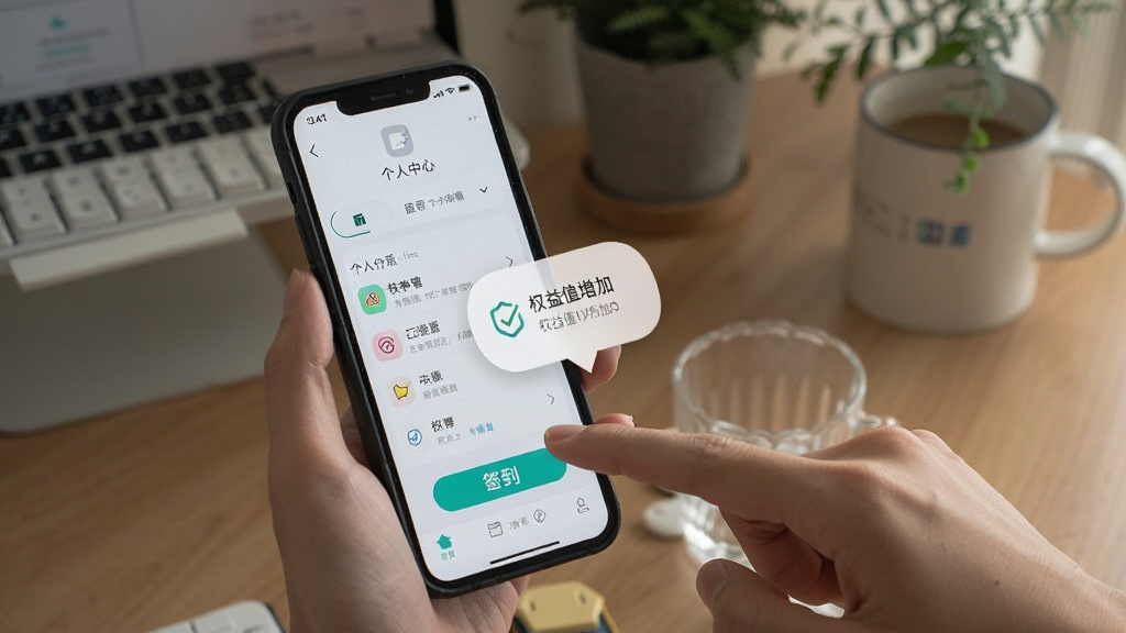 一部手机屏幕显示应用的个人中心页面,旁边有一只手正在点击签到按钮,画面中有提示气泡显示权益值增加,背景为居家桌面环境,风格生活化,画质清晰