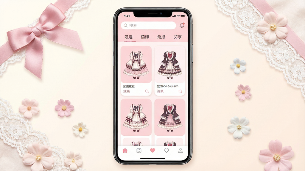 一张展示浪漫裙匣应用界面的手机屏幕效果图,画面中央是一部竖屏智能手机,屏幕上显示柔和粉色系的卡片式布局,卡片内是各式Lolita裙装插画与缩略图,顶部有搜索栏与分类标签,底部有导航栏,手机周围点缀着蝴蝶结、蕾丝花边与浅色小花装饰,背景为淡雅的米白色渐变,整体风格清新甜美、干净整洁,画质清晰细腻,无多余元素