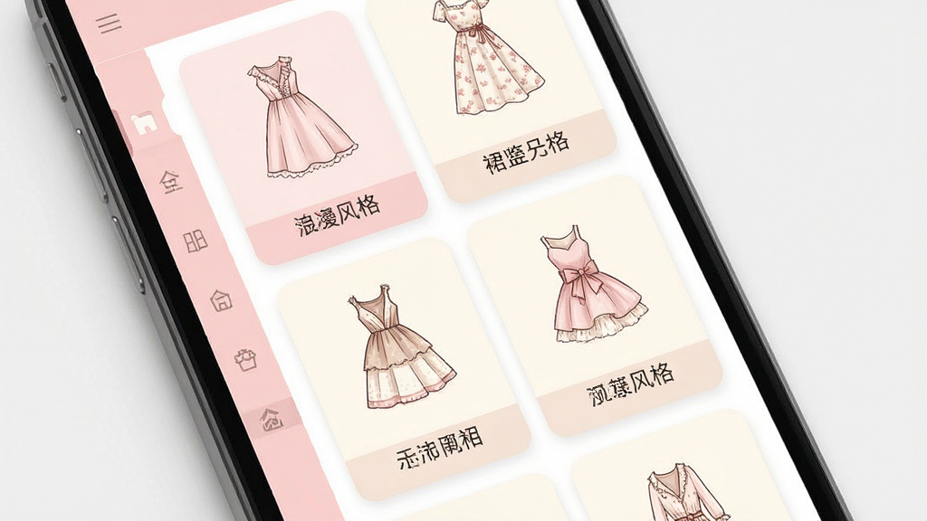 一张浪漫裙匣裙装图鉴分类页面的界面展示图,画面为手机屏幕特写,屏幕内呈现网格状排列的裙装卡片,每张卡片上方是裙子插画、下方是风格标签文字,左侧有竖向分类导航栏,整体配色为浅粉与奶白,界面干净有序,风格甜美清新,画质高清,无多余元素