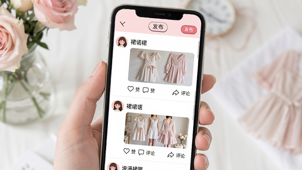 一张浪漫裙匣社区交流页面的界面展示图,手机屏幕内显示信息流列表,每条动态包含用户头像、裙装照片与简短文字,下方有点赞和评论图标,页面顶部有发布按钮,整体风格清新柔和,配色以浅粉和白色为主,画质细腻,无多余装饰元素