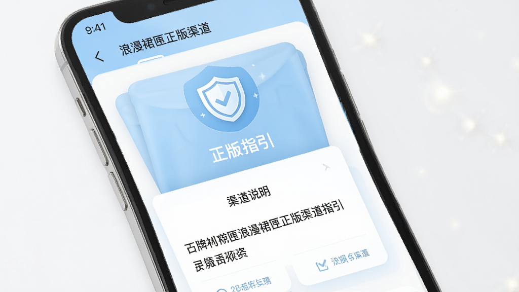 一张浪漫裙匣正版渠道指引页面的界面示意图,手机屏幕内显示品牌信息卡片与渠道说明文字,卡片上有盾牌图标与“正版指引”字样,整体配色为浅蓝与白色,风格简洁可信,画质清晰,布局规整,无多余元素