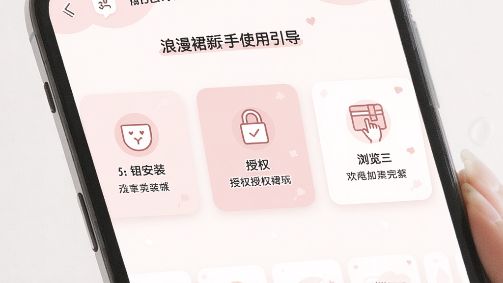 一张浪漫裙匣新手使用引导页面的手机界面图,屏幕内以步骤卡片形式展示安装、授权、浏览三个环节的图标与简短说明文字,配色为浅粉与白色,风格清新友好,画质清晰,布局简洁,无多余元素