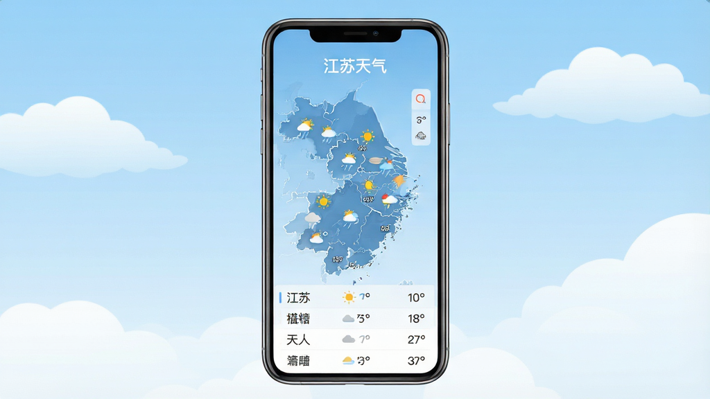 一张展示江苏天气手机应用主界面的图片,画面中央是一部竖屏智能手机,屏幕内显示江苏地图轮廓与各城市天气图标,顶部有“江苏天气”四个字,背景为淡蓝色渐变天空与白云,布局简洁清晰,风格为扁平化现代UI设计,细节包含温度数字、天气小图标与城市列表,画质清晰,干净,无多余元素