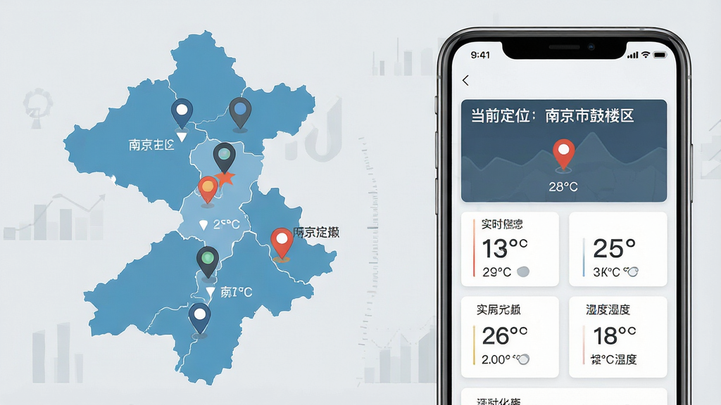 一张展示江苏天气定位功能的示意图,画面左侧为江苏省地图,地图上标注多个城市定位点,右侧为手机屏幕显示“当前定位:南京市鼓楼区”及实时温度、湿度数据,背景为浅灰色,风格为信息图表式扁平设计,细节包含定位图标与数据卡片,画质清晰,干净,无多余元素