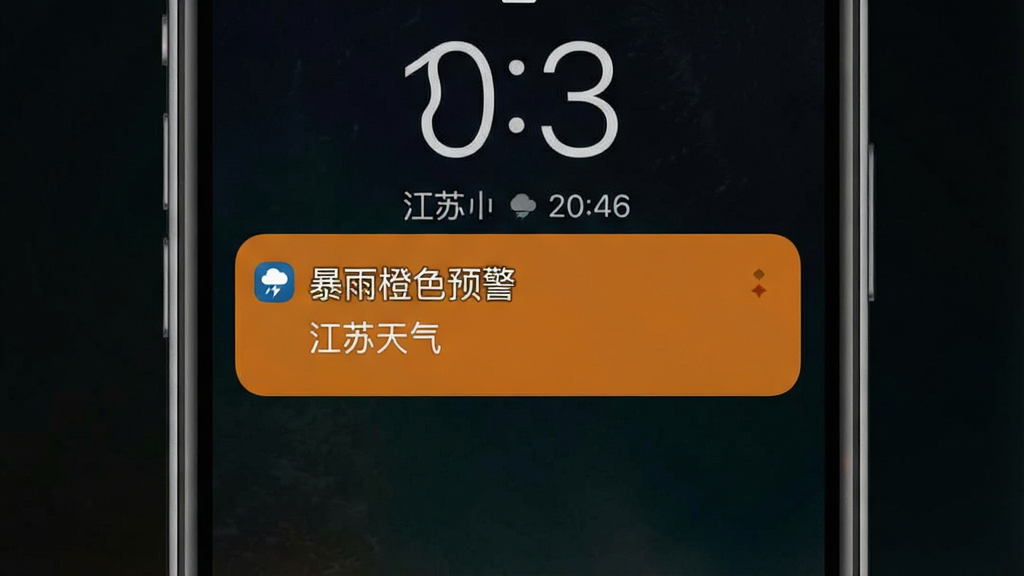 一张展示江苏天气预警推送功能的图片,画面为手机锁屏界面弹出橙色预警通知卡片,卡片上写有“暴雨橙色预警”与“江苏天气”字样,背景为深色锁屏壁纸,风格为真实手机界面模拟,细节包含通知图标与时间显示,画质清晰,干净,无多余元素