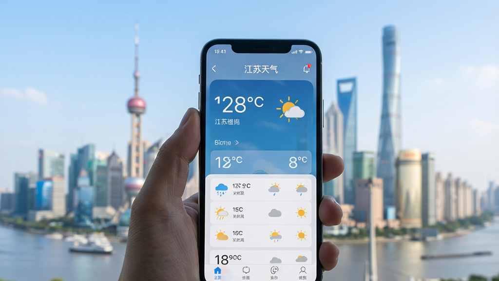 一张展示江苏天气使用场景的图片,画面为一只手握持手机,屏幕显示江苏天气首页界面,背景为模糊的城市天际线与晴朗天空,风格为生活化摄影风格,细节包含手机屏幕上的温度数字与天气图标,画质清晰,干净,无多余元素