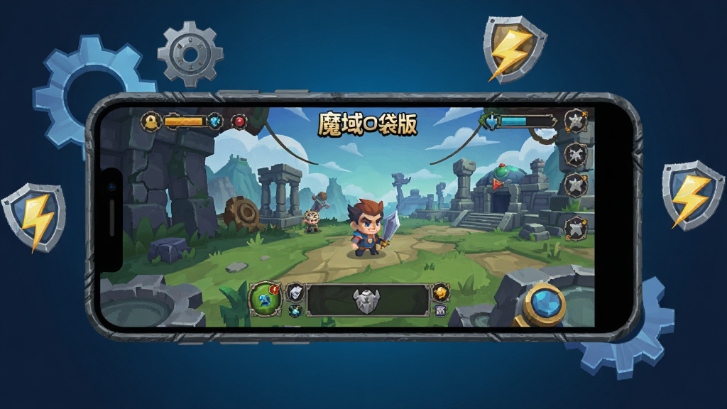 一部智能手机横屏放置,屏幕中显示魔域口袋版游戏界面,手机周围环绕着齿轮、盾牌与闪电图标,布局为产品展示风格,背景为深蓝色渐变,风格为科技感扁平插画,细节突出屏幕内游戏画面与手机边框质感,画质清晰,画面干净,无多余文字