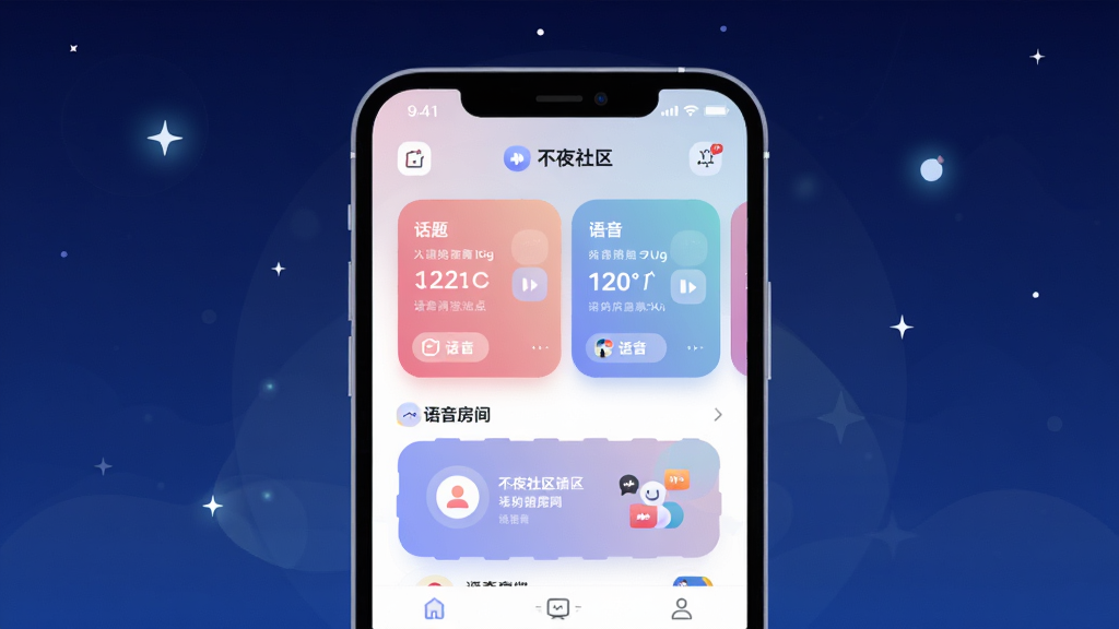 画面主体为一部智能手机屏幕,屏幕中显示不夜社区应用的主界面,包含话题卡片与语音房间入口,手机周围环绕着深蓝色夜空与星星点点的光晕,布局采用居中构图,排版上手机占据画面中央,风格为现代扁平化插画风,细节上突出界面元素的圆角图标与柔和渐变背景,画质清晰干净,无多余元素