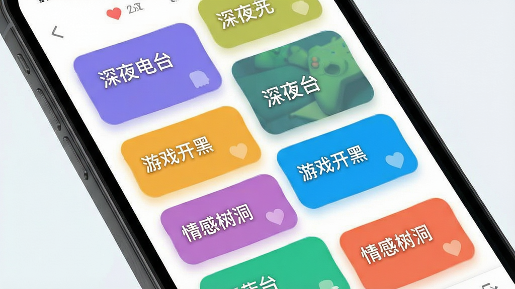 画面主体为不夜社区话题广场界面,多个彩色话题卡片呈瀑布流排列,卡片上标注“深夜电台”“游戏开黑”“情感树洞”等文字,布局为手机屏幕特写,排版上卡片错落有致,风格为清新明快的UI展示风,细节上卡片带有轻微阴影与圆角,画质干净清晰,无多余元素