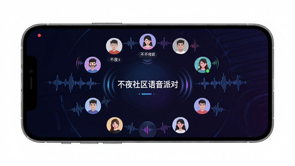 画面主体为不夜社区语音房间界面,显示多个圆形头像麦位与波浪形语音动效,背景为深色渐变,布局为手机横屏展示,排版上麦位环绕排列,风格为科技感社交UI风,细节上突出语音波纹与房间主题文字“不夜社区语音派对”,画质干净清晰,无多余元素