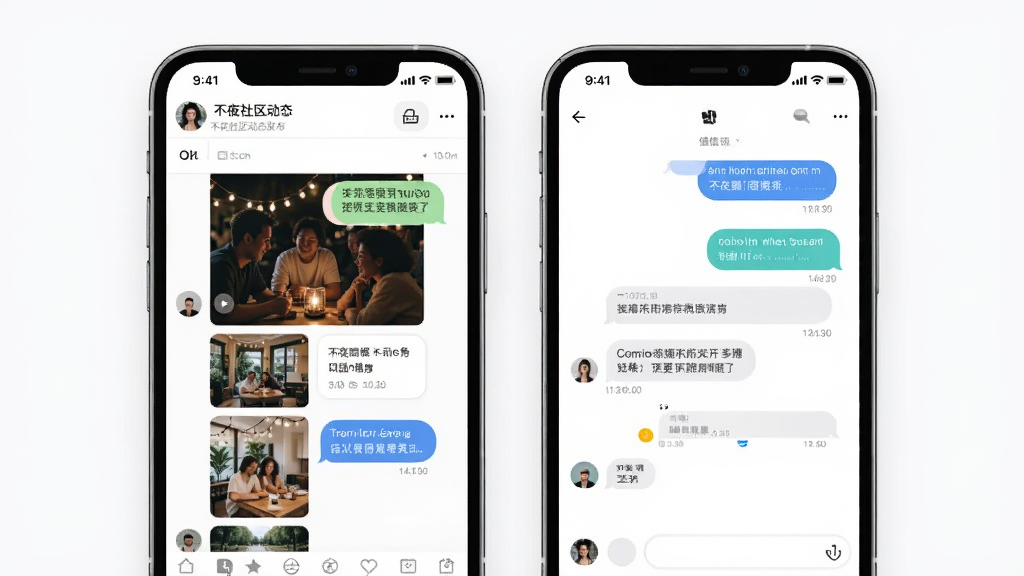 画面主体为不夜社区动态发布页面与私信聊天窗口并排展示,左侧为图文编辑界面,右侧为对话气泡界面,布局为双手机并列构图,排版上左右对称,风格为简洁社交应用展示风,细节上气泡带有柔和圆角与时间戳,画质干净清晰,无多余元素
