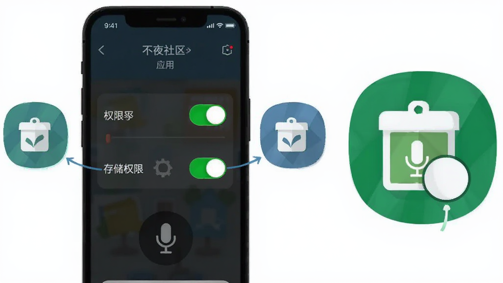 画面主体为不夜社区应用在手机上的权限设置界面与运行状态示意图,手机屏幕显示麦克风与存储权限开关,旁边配有清理缓存图标,布局为手机与图标组合构图,排版上手机居中、图标环绕,风格为实用教程插图风,细节上突出权限开关的绿色高亮状态,画质干净清晰,无多余元素