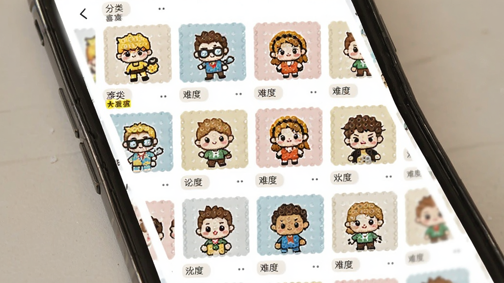 免费喜拼豆图案参考库展示,画面主体为手机界面中排列整齐的拼豆图案缩略图,包含卡通角色与Q版形象,布局采用网格瀑布流形式,风格温馨可爱,细节包含分类标签与难度标识,画质清晰干净,无多余元素