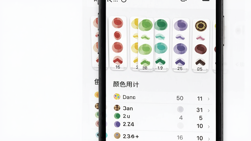 免费喜拼豆配色辅助功能展示,画面主体为手机屏幕中显示拼豆色号对照表与颜色用量统计,布局为上方色卡下方用量列表,风格简洁实用,细节包含彩色圆点与数字标注,画质清晰干净,无多余元素