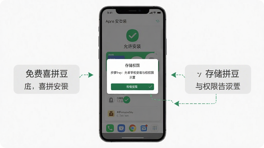 免费喜拼豆安卓手机安装与权限设置示意图,画面主体为手机屏幕显示应用安装界面与权限授权弹窗,布局为居中手机加左右步骤标注,风格扁平化教程风,细节包含“允许安装”“存储权限”文字提示与勾选图标,画质清晰干净,无多余元素