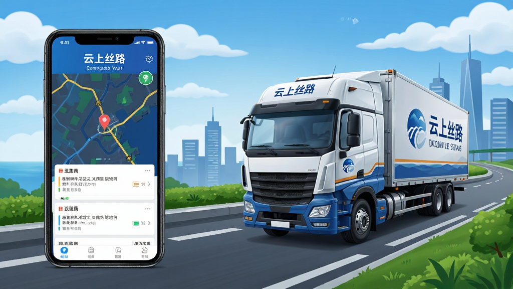 画面主体为一辆行驶在现代化公路上的物流货车,背景是蓝天白云与城市建筑轮廓,画面左侧放置手机模型展示“云上丝路”应用界面,布局采用左右分割构图,风格为写实商务插画,细节包括货车车身上的物流标识、手机屏幕中的地图与运单卡片、道路两侧的绿化带,画质清晰锐利,干净整洁,无多余元素