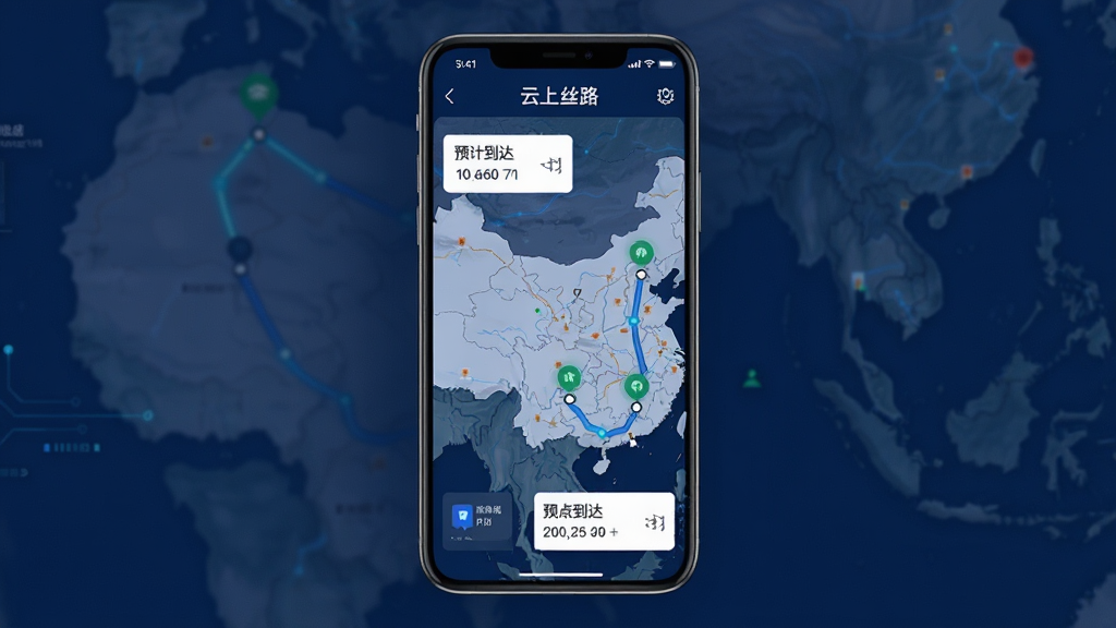 画面主体为手机屏幕展示“云上丝路”运单跟踪地图界面,地图上标注起点终点与运输路线,布局为纵向构图,风格为科技感数据可视化,细节包括路线轨迹线、节点状态图标、预计到达时间卡片,背景为深蓝色调,画质清晰,干净利落,无多余元素