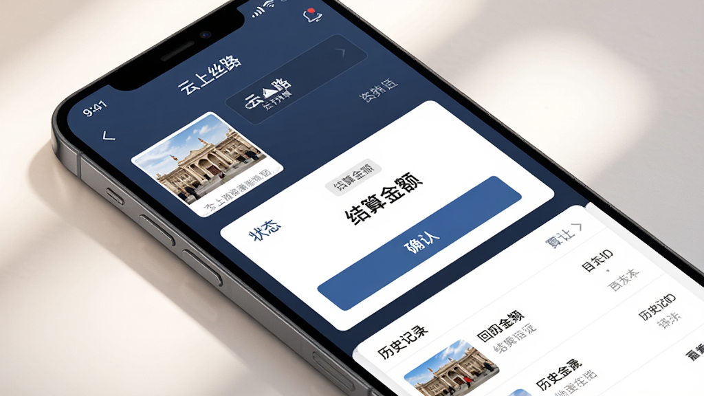 画面主体为手机屏幕展示“云上丝路”结算凭证页面,屏幕上可见回单照片缩略图与结算金额卡片,布局为倾斜视角展示,风格为现代商务风,细节包括确认按钮、状态标签、历史记录列表,背景为柔和光影,画质细腻,干净整洁,无多余元素