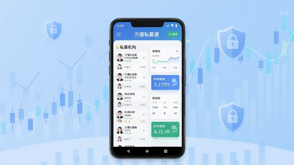 画面中央放置一部安卓手机,手机屏幕显示方德私募通应用主界面,界面包含私募机构列表与数据卡片,手机后方为浅蓝色渐变背景,背景中隐约浮现金融数据图表与盾牌图标,整体采用扁平化商务风格,构图居中对称,细节清晰,画质干净锐利,无多余装饰元素,图片中文字为“方德私募通”