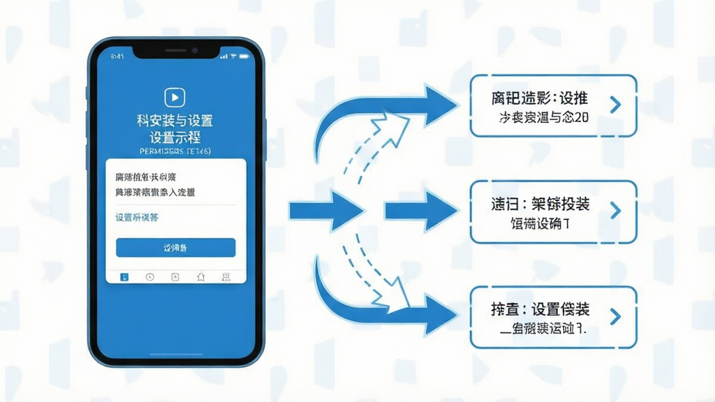 一张展示手机应用安装与设置流程的示意图,画面中一部手机屏幕显示权限设置界面,旁边有简洁的箭头引导标识表示操作步骤,整体风格为扁平化设计,配色以蓝色和白色为主,布局清晰有序,细节干净,画质高清,画面中没有多余的文字装饰