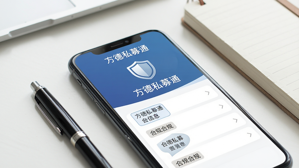 手机屏幕特写,显示方德私募通合规信息页面,页面内有盾牌图标与合规标签列表,手机旁放置一支笔和一个笔记本,背景为浅色办公环境,风格清新素雅,画质细腻干净,图片中文字为“方德私募通”