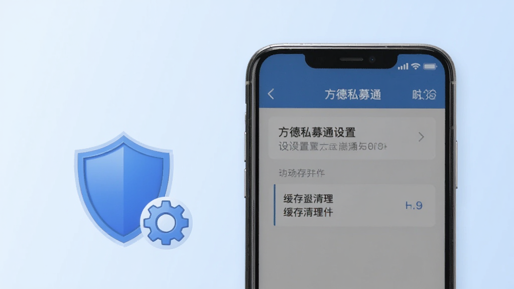 手机屏幕显示方德私募通设置页面与缓存清理选项,手机旁有盾牌与齿轮图标,背景为浅蓝色渐变,风格清爽简洁,画质干净,图片中文字为“方德私募通”