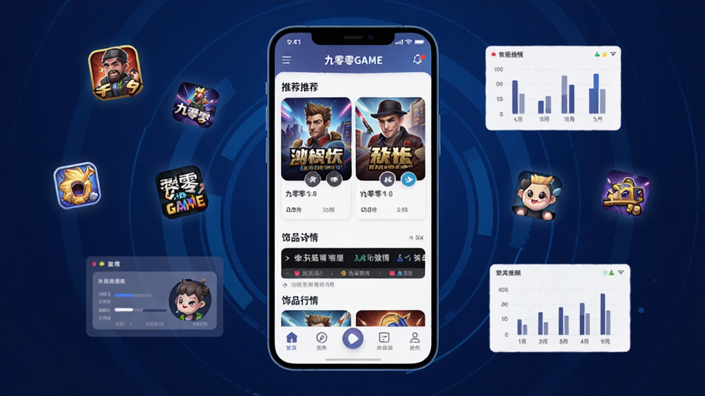 一张展示九零零GAME应用主界面的手机截图风格插画,画面中央是一部竖屏智能手机,屏幕上显示九零零GAME的首页布局,包含游戏推荐卡片、饰品行情滚动条和底部导航栏,背景为深蓝色渐变科技风格,四周环绕悬浮的游戏图标与数据图表元素,整体风格简洁现代,画质清晰,干净无多余元素
