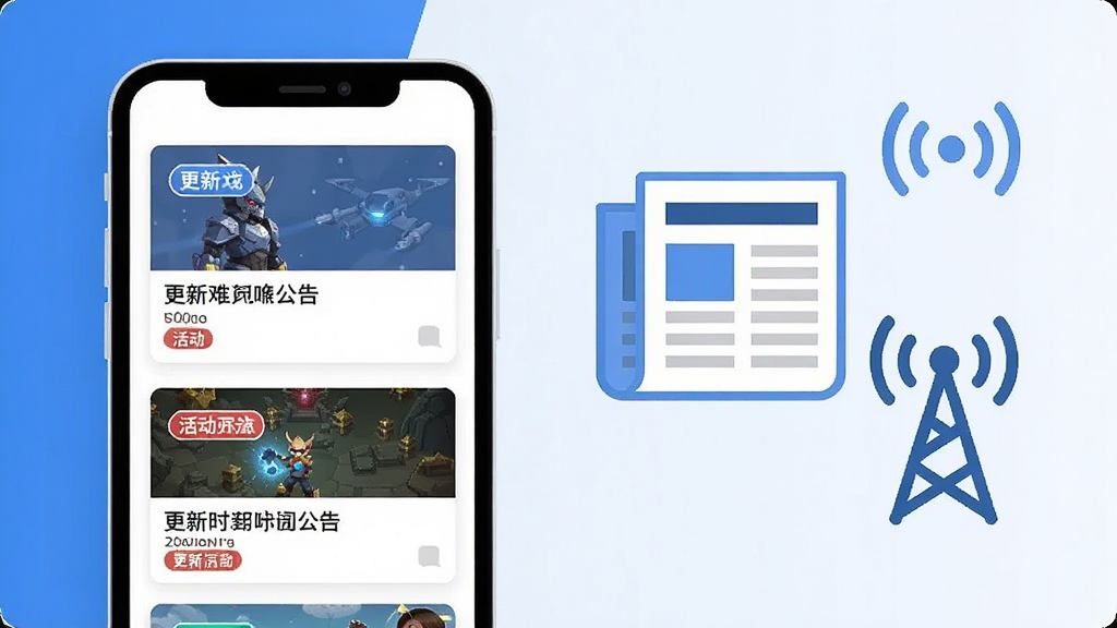 一张表现九零零GAME游戏资讯聚合功能的场景图,画面左侧是一部手机,屏幕上排列着多条游戏资讯卡片,卡片上标注着更新公告与活动标签,右侧是悬浮的报纸与信号塔图标,象征信息汇聚与实时同步,整体色调为蓝白搭配,风格扁平化,画质清晰,布局干净整洁