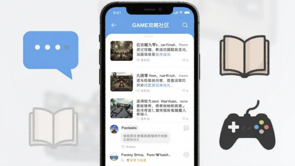一张表现九零零GAME攻略社区功能的插画,画面中一部手机屏幕显示攻略文章列表与评论区界面,屏幕旁边有对话气泡、书本和游戏手柄图标,背景为浅灰色,风格清新简约,布局清晰,画质干净,突出社区互动与知识分享的主题