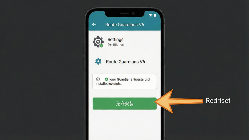 一幅展示手机游戏安装设置界面的示意图,画面主体是一部智能手机屏幕显示权限设置页面,旁边有箭头指向“允许安装”按钮,布局简洁明了,风格为扁平化UI示意风格,细节包含设置图标和提示文字框,画质清晰干净,画面中带文字“Route Guardians V6”,无多余元素