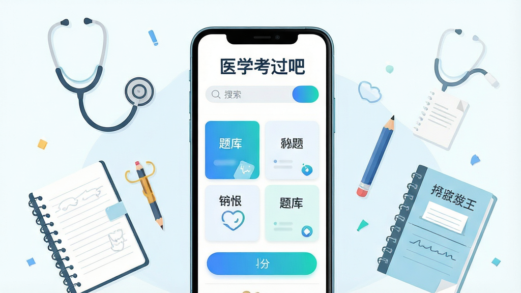 主体为一部竖屏智能手机,屏幕中央显示医学考过吧应用首页,上方有“医学考过吧”文字标题,页面布局为顶部搜索栏加下方题库分类卡片;手机周围漂浮着听诊器、笔记本、铅笔与错题本等医学学习元素;排版居中对称,风格为清爽扁平化插画,细节处加入蓝色与青绿色渐变按钮,画质清晰干净,无多余元素