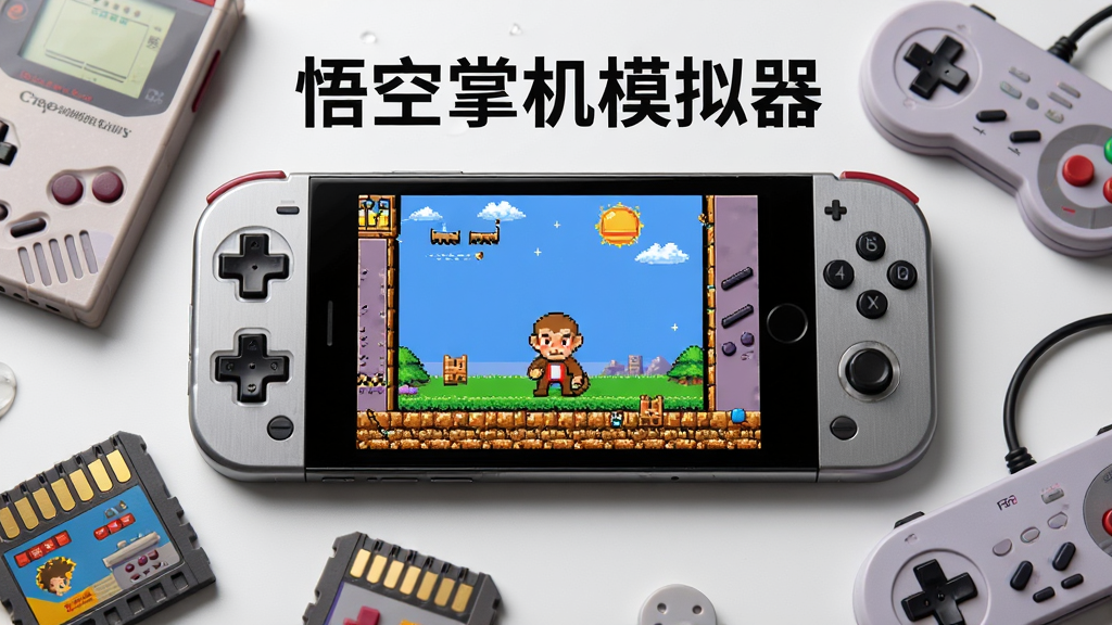 主体为一部智能手机横屏展示掌机模拟器游戏画面,屏幕中呈现像素风格的经典掌机游戏场景,手机周围环绕着复古掌机、游戏卡带与手柄元素,布局采用居中构图手机位于画面中央,排版上游戏画面占据视觉焦点,风格为复古科技感与像素艺术融合,细节包括手机边框的金属质感、卡带的金手指纹路、手柄按键的立体光影,画质清晰锐利,画面干净整洁,无多余杂乱元素,图片中可加入文字“悟空掌机模拟器”作为标题点缀