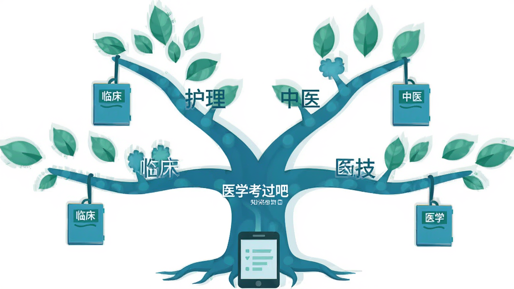 画面主体为一棵知识树,树干标注“医学考过吧”,树枝分别延伸出临床、护理、中医、药学、医技五个分支,每个分支末端挂着一本小型题册图标;布局为左右对称的树形结构,风格为简约矢量插画,配色以蓝绿为主,细节处树根连接手机屏幕,画质干净清晰,无杂乱背景