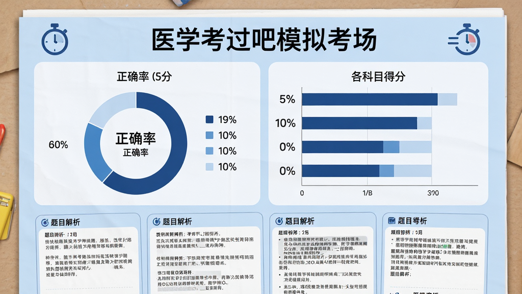 画面主体为一张横向排版的模拟考试成绩单,顶部标注“医学考过吧模拟考场”,中间为环形正确率图表与各科目得分条形图,底部排列若干题目解析卡片;布局为上下分层的信息图风格,配色为浅蓝底配深蓝数据条,细节处加入计时器图标,画质清晰干净,无多余装饰