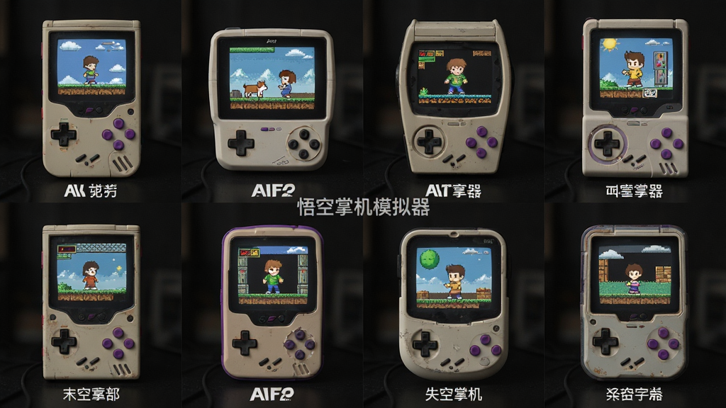主体为多台不同造型的复古掌机并排展示,每台掌机屏幕中显示不同风格的游戏画面,布局采用横向排列的网格构图,排版上每台掌机占据独立区域并配有对应的平台标识,风格为复古收藏展示风,细节包括掌机外壳的磨砂质感、屏幕的像素光晕、按键的磨损痕迹,画质高清,画面干净,无多余元素,图片中可加入文字“悟空掌机模拟器”