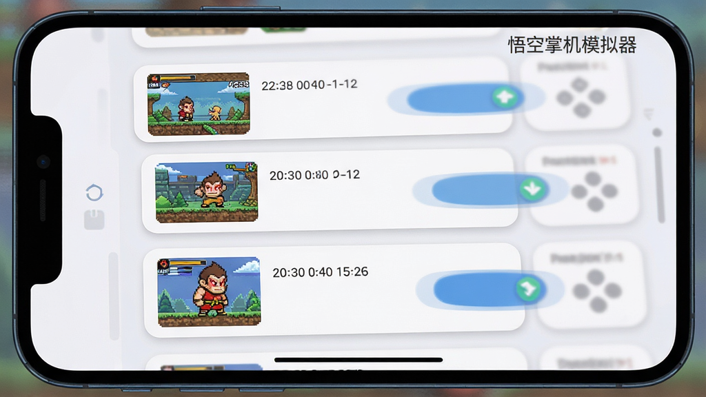 主体为手机屏幕特写展示模拟器存档界面,界面中有多个存档槽位卡片,每个卡片显示游戏缩略图与时间戳,布局采用纵向列表式排版,风格为清爽扁平化UI设计,细节包括卡片的圆角阴影、存档缩略图的像素化处理、按钮的高亮状态,画质清晰,画面干净,无多余元素,图片中可加入文字“悟空掌机模拟器”