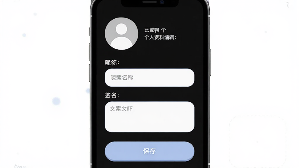 比翼鸭个人资料编辑页面,主体为手机屏幕中的资料表单,布局纵向排列,风格柔和圆角,细节包含头像占位、昵称输入框、签名文本框、保存按钮,画质清晰干净,无多余元素