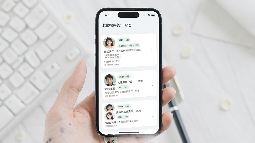 比翼鸭兴趣匹配发现页,主体为手机屏幕中的人物卡片列表,布局瀑布流式排列,风格清爽浅色,细节包含兴趣标签、头像、简短介绍文字,画质清晰干净,无多余元素