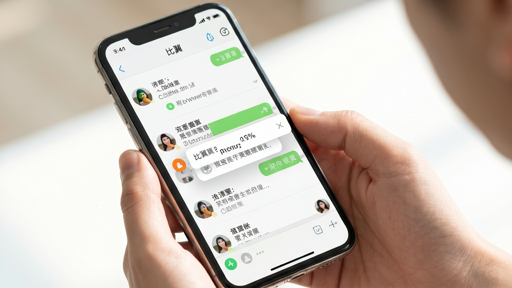 比翼鸭手机端使用场景示意图,主体为手持手机展示聊天界面,布局人物手部与屏幕特写,风格生活化明亮,细节包含手机边框、聊天列表、通知弹窗,画质清晰干净,无多余元素