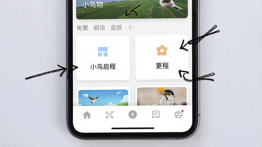 展示“小鸟启程”软件首页界面特写,画面采用俯视手机视角,屏幕上清晰呈现底部导航栏和首页功能卡片,旁边配有几只手绘风格的指示箭头指向各功能区域,背景为柔和浅灰色,整体风格简洁清新,画质干净无杂乱元素