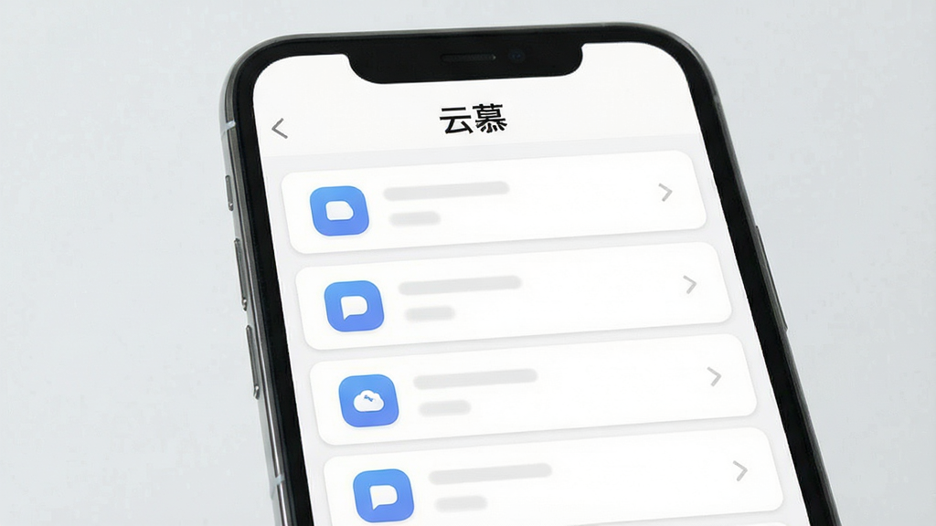 一张展示云慕软件主界面的手机屏幕效果图,画面中央是简洁的白色背景阅读列表页面,顶部有“云慕”字样,列表项为整齐的卡片式排版,整体布局清晰,风格为现代扁平化设计,细节包括圆角图标与浅灰色分割线,画质清晰,干净整洁,无多余元素