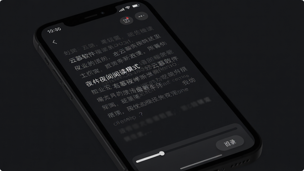 一张云慕软件夜间阅读模式的效果图,画面为深色背景的手机阅读界面,正文文字清晰排列,顶部状态栏显示时间与电量,底部有进度条与目录按钮,整体风格沉稳护眼,布局简洁,细节包括柔和的文字灰度与圆角控件,画质干净,无多余装饰元素