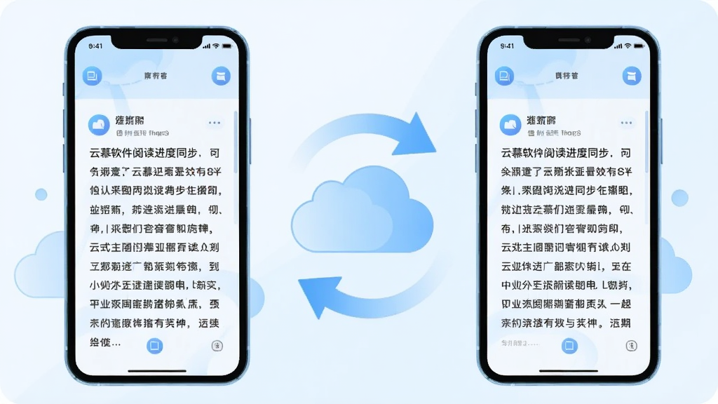 一张展示云慕软件阅读进度同步功能的示意图,画面为两部手机并排摆放,中间有云朵与同步箭头连接,左侧手机显示阅读页面,右侧手机显示相同进度,整体风格为科技感扁平插画,布局对称,细节包括浅蓝色调与简洁图标,画质清晰,无多余元素