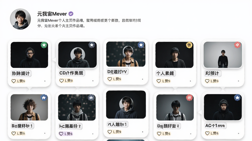 元我宙Mever个人主页作品墙,画面展示网格状排列的空间缩略图卡片,每张卡片带有标题与点赞数,顶部是用户头像与简介,布局为瀑布流网格排版,风格简约清爽,细节包括卡片圆角、阴影层次与标签徽章,画质干净清晰,无多余元素